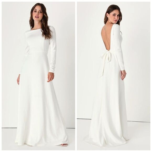 Lulus Iconic Love Story White Backless Bow Long Sleeve Maxi Dress XS Bella Swan - Picture 1 of 9
